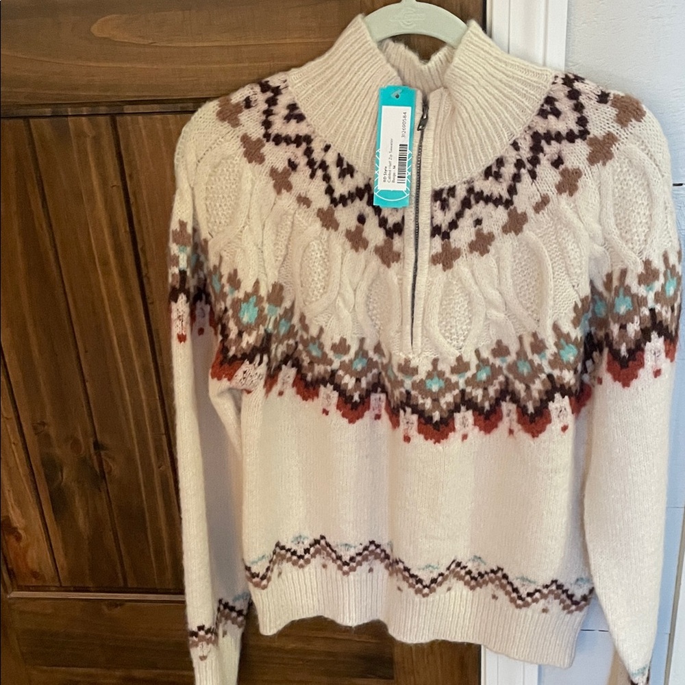 Stitchfix Cream and Brown Patterned Turtleneck Sweater
